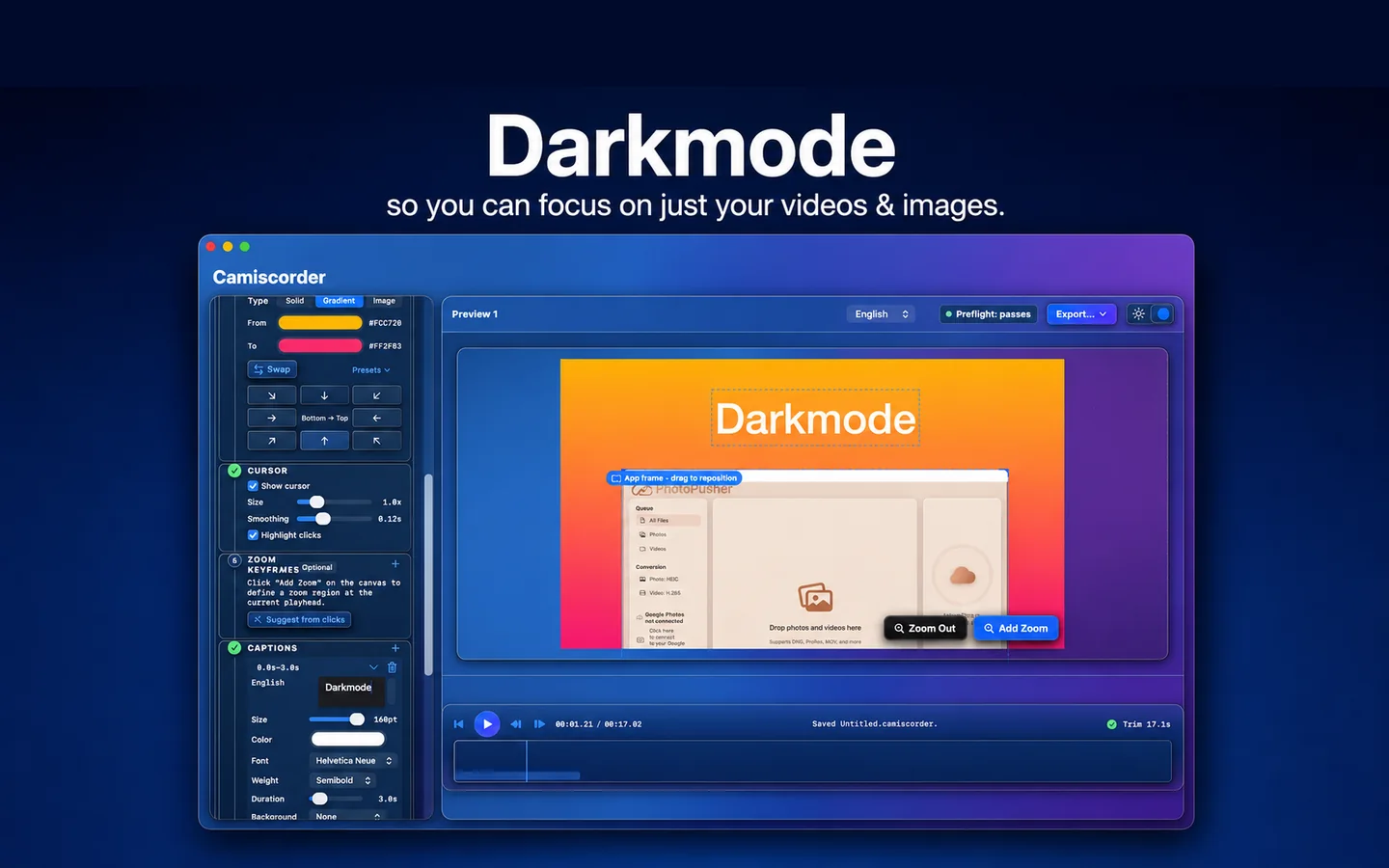 Camiscorder in dark mode