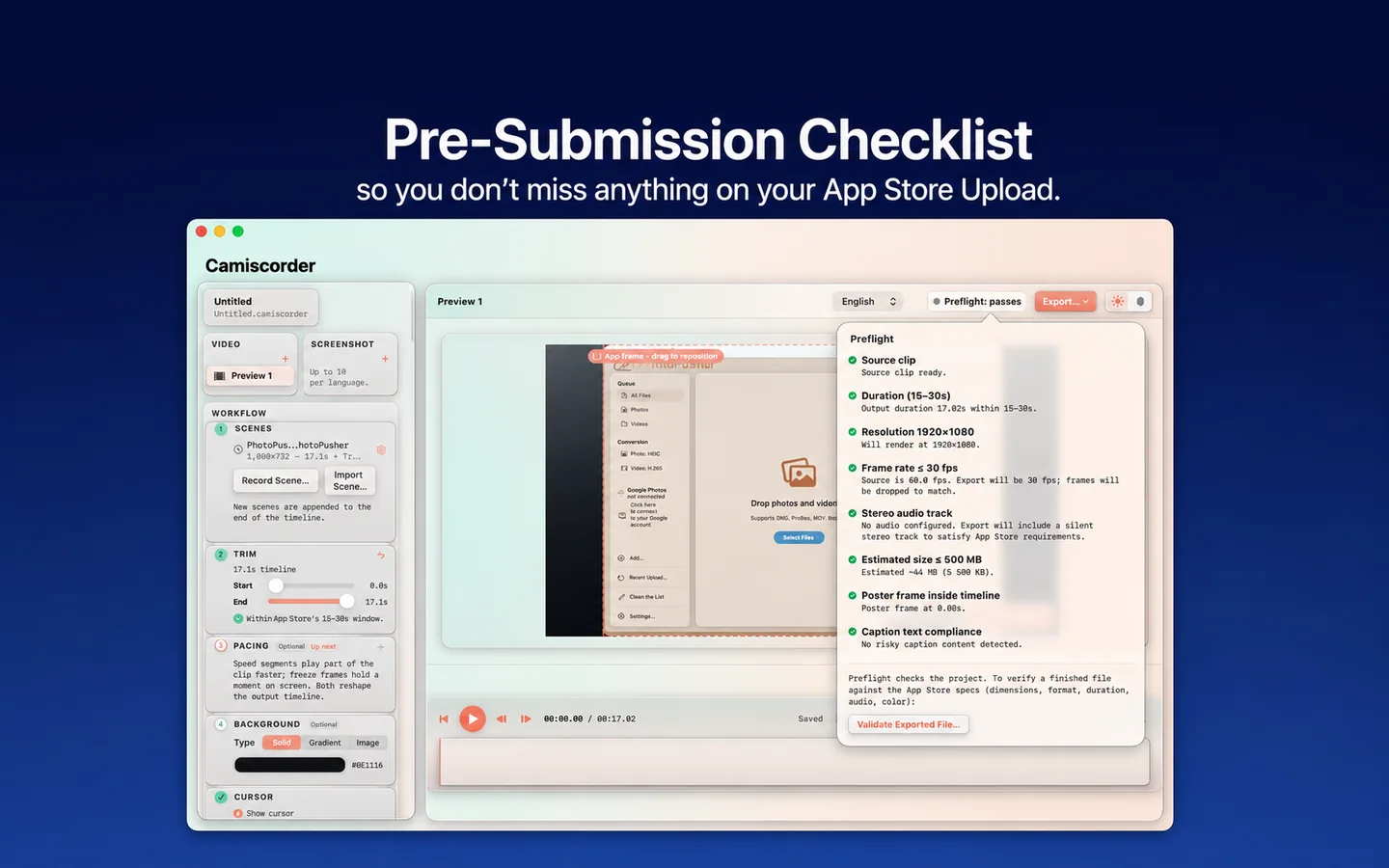 Camiscorder’s Preflight checklist with every check passing