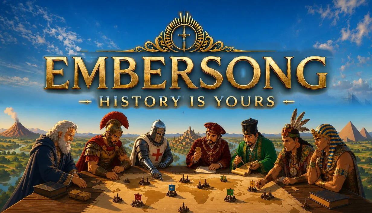 Embersong key art: leaders of history gathered around a map table