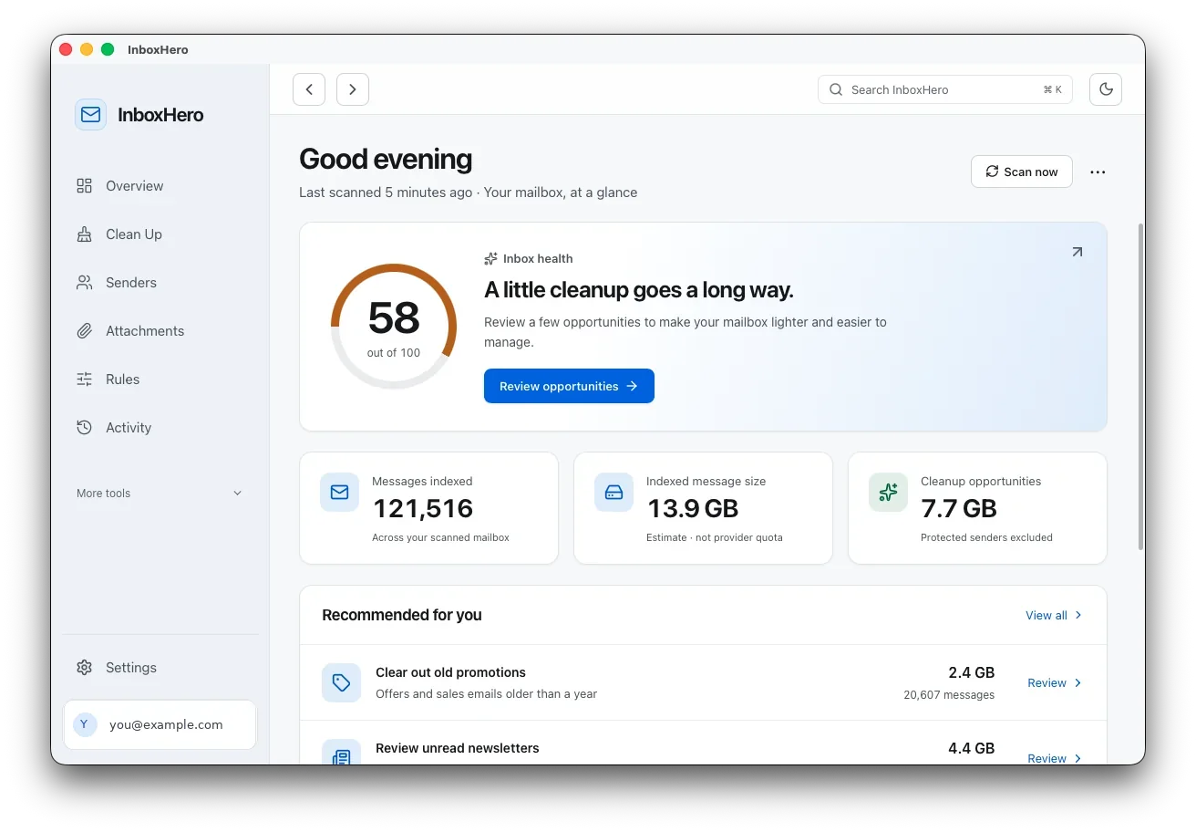 InboxHero overview with an inbox health score of 58