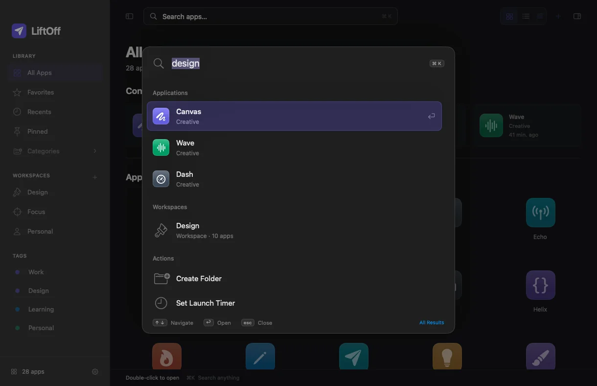 LiftOff’s ⌘K command palette in dark mode