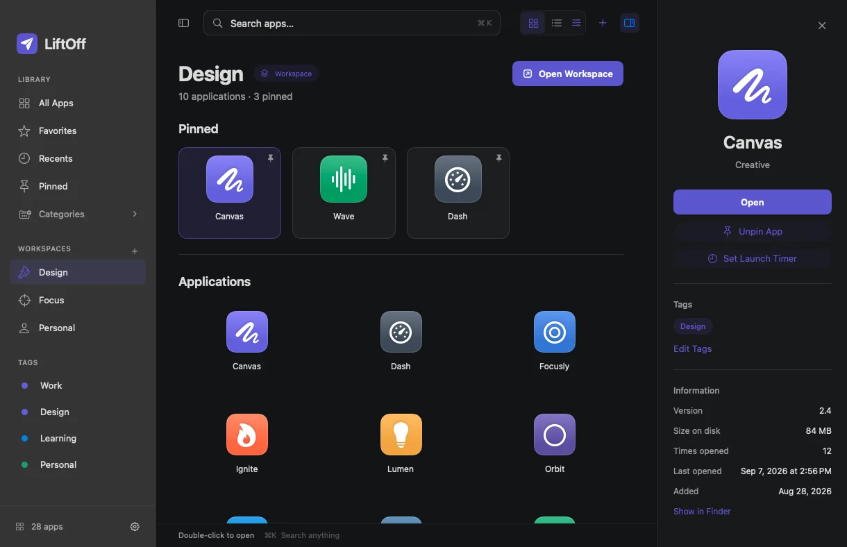 A Design workspace with pinned apps and the app inspector