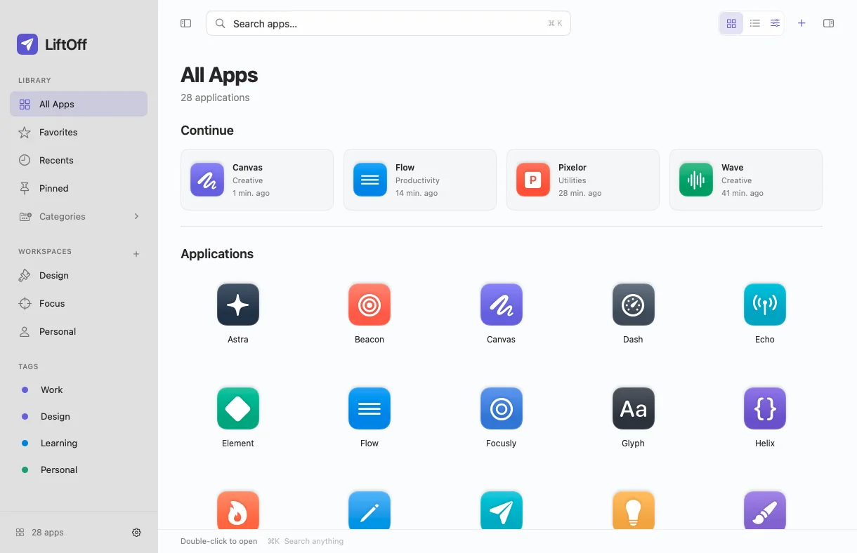 LiftOff’s All Apps library with Continue cards, workspaces and tags
