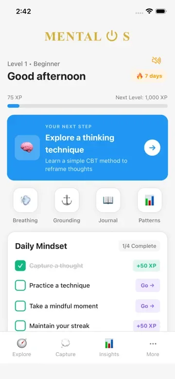 Mental OS home screen with the next step and Daily Mindset