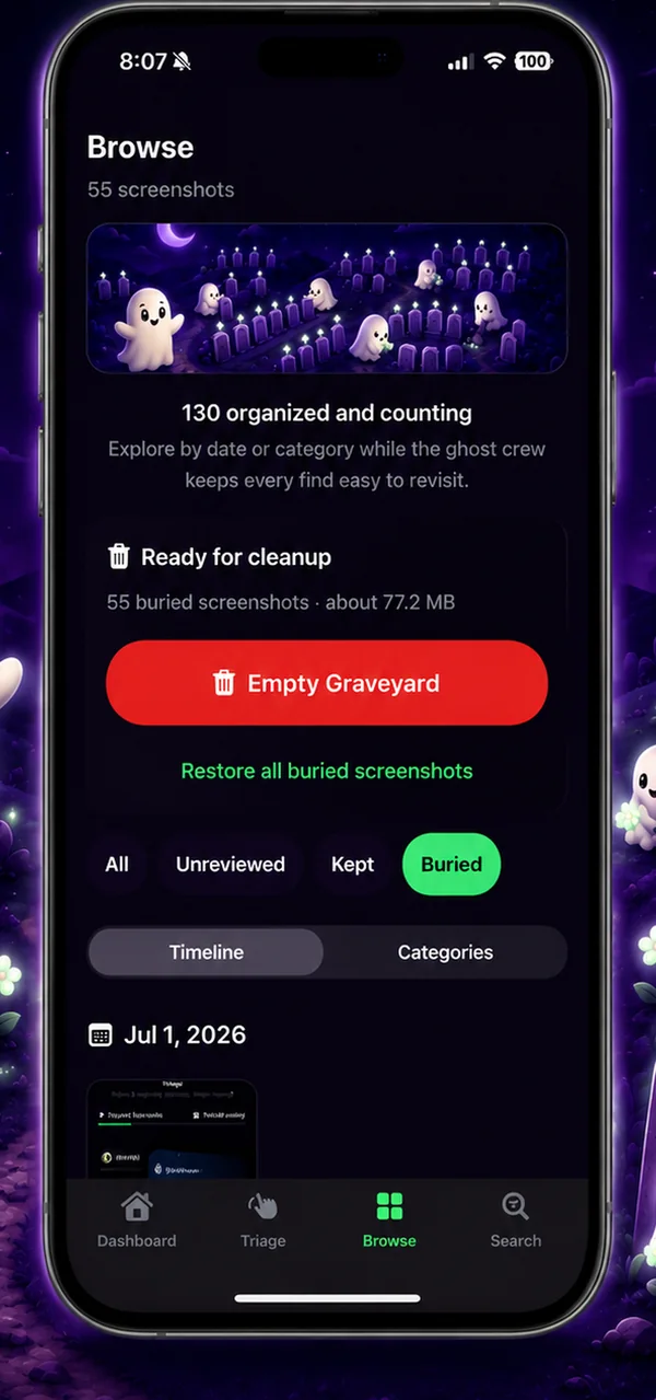 Browse view with 55 buried screenshots ready for cleanup