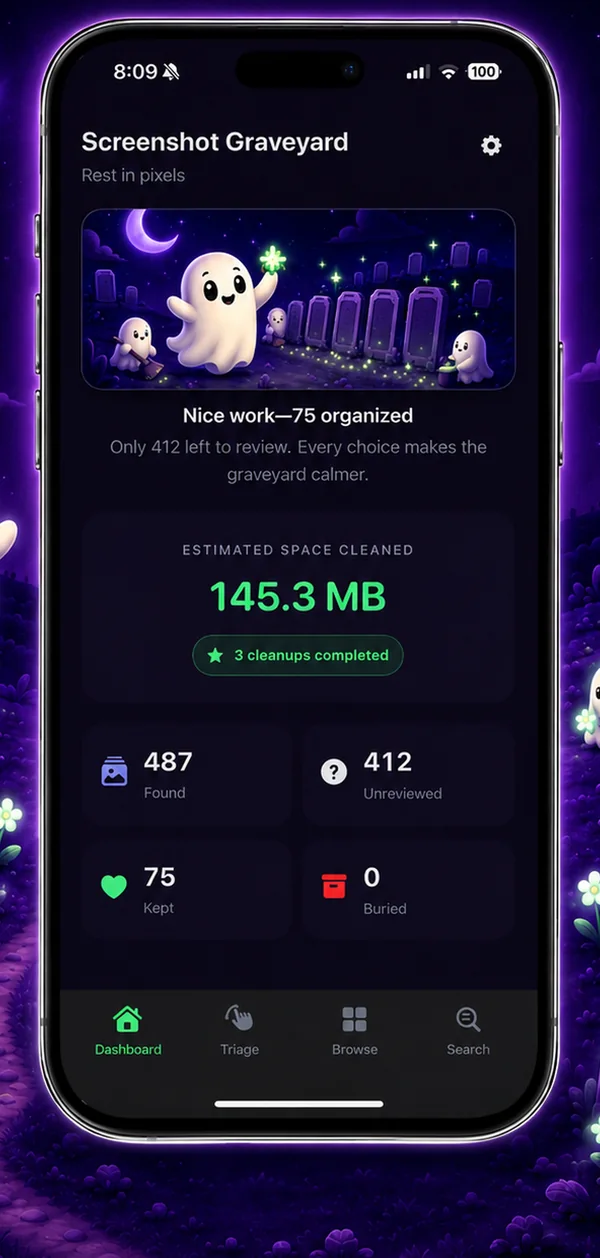 Dashboard with found, unreviewed, kept and buried counts