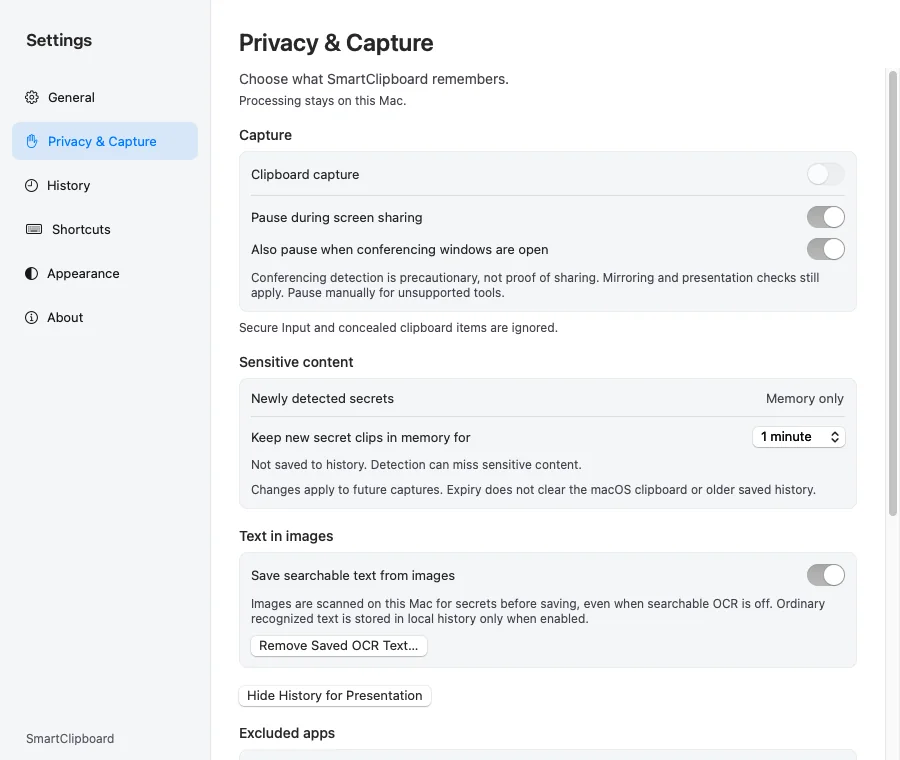 Privacy and Capture settings