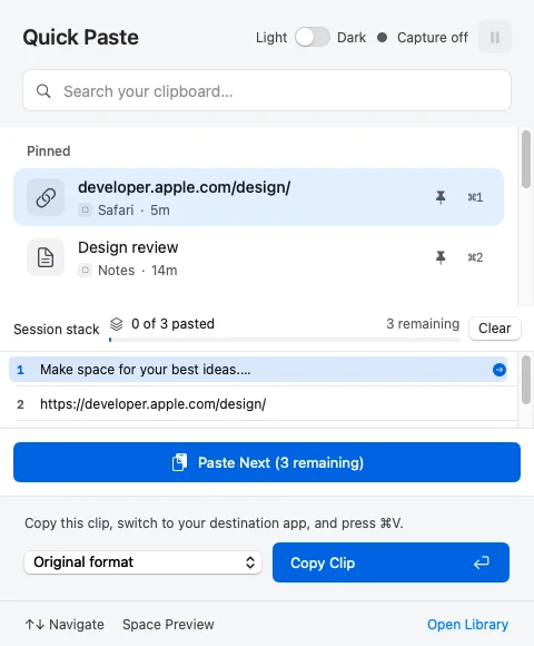 Paste stack with three queued clips
