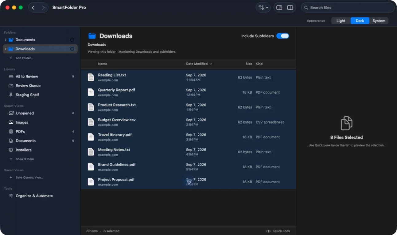 Eight files selected for a batch action