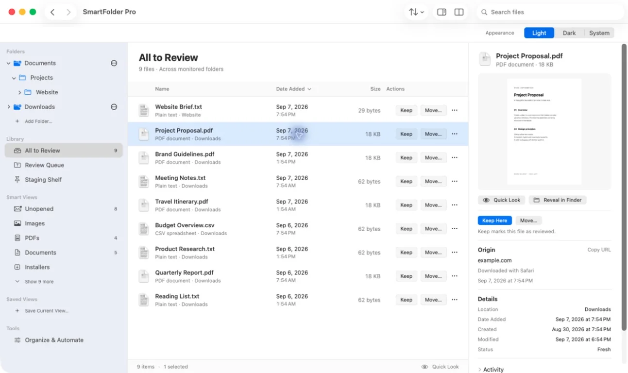 All to Review list with a file’s origin in the inspector