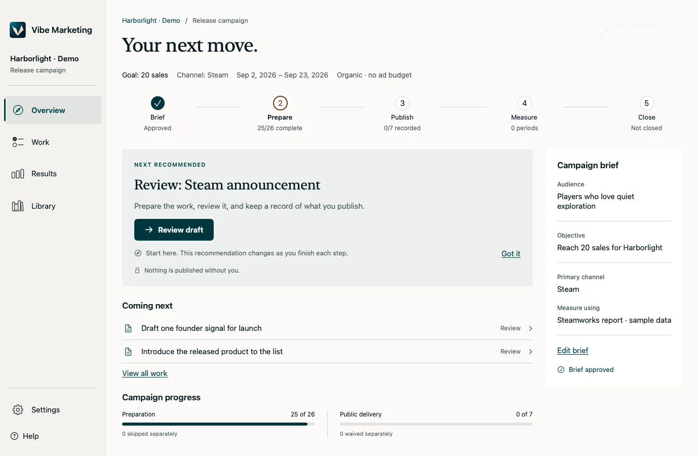 Vibe Marketing overview showing the next recommended step