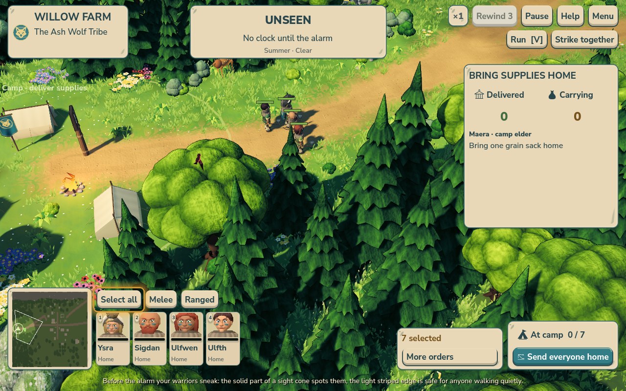 Warriors at Willow Farm during the first campaign raid, with tactical controls visible.