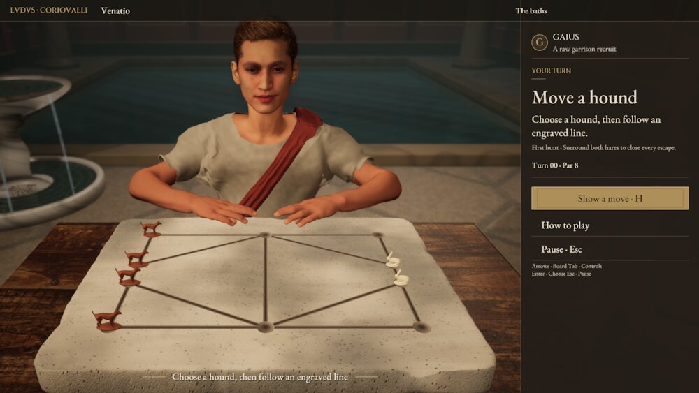 Gaius sits across an engraved Venatio board in the Roman bathhouse