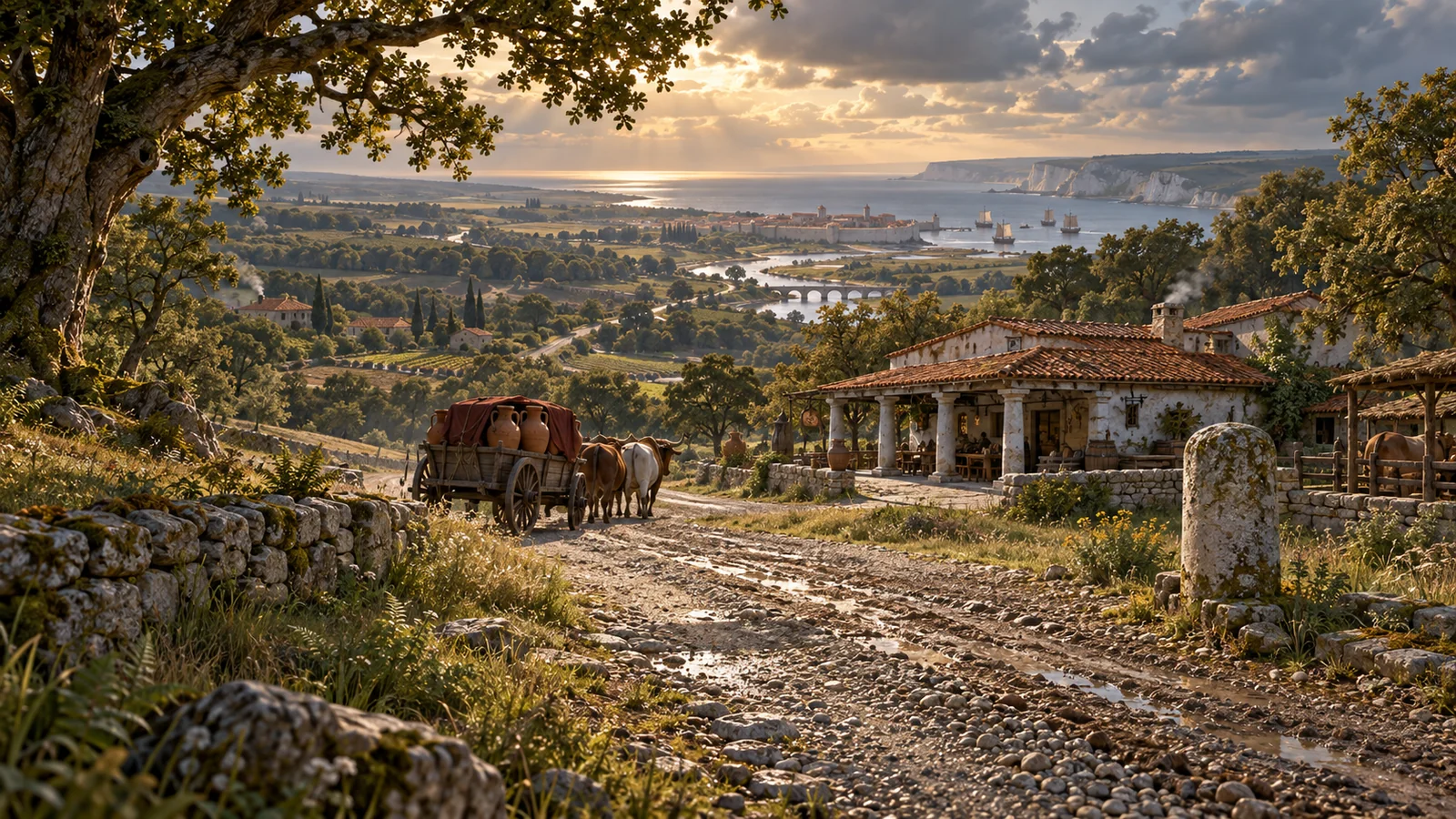 An illustrated Roman road descending toward a sunlit town