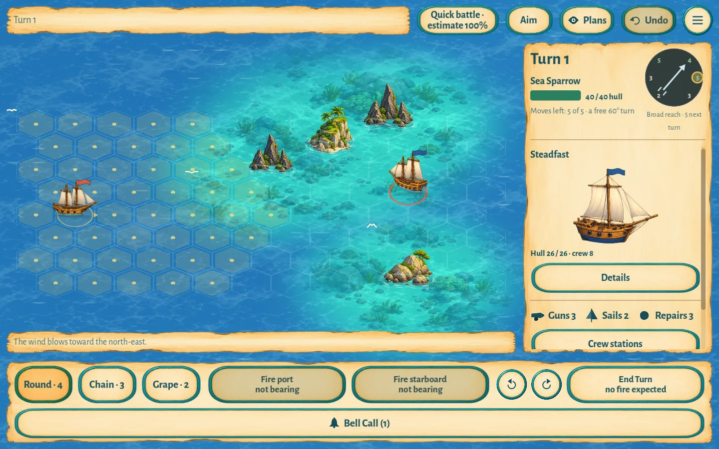 A tactical sea battle with sailing ships and painted controls