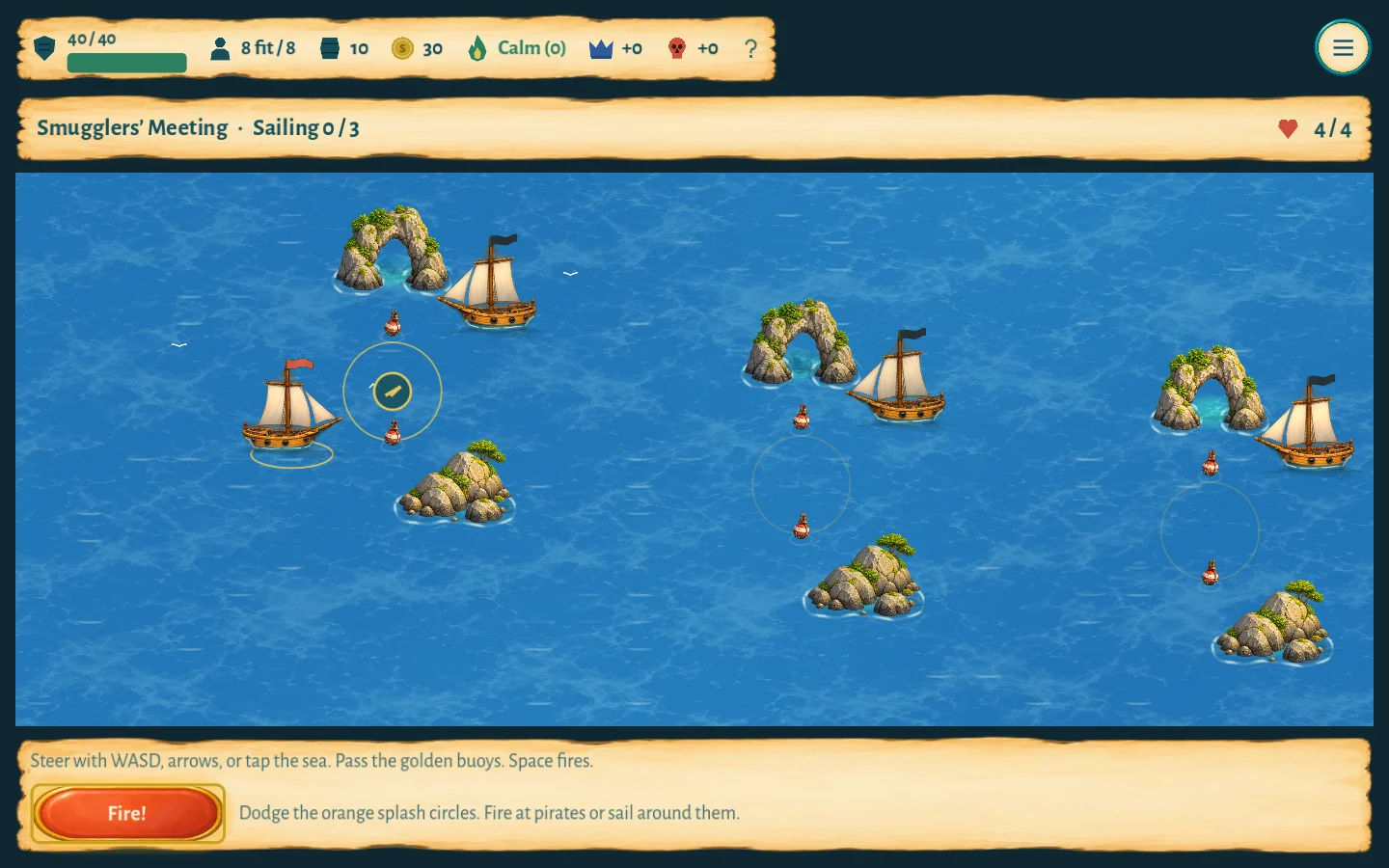 A ship navigating between golden buoys and rocky islands
