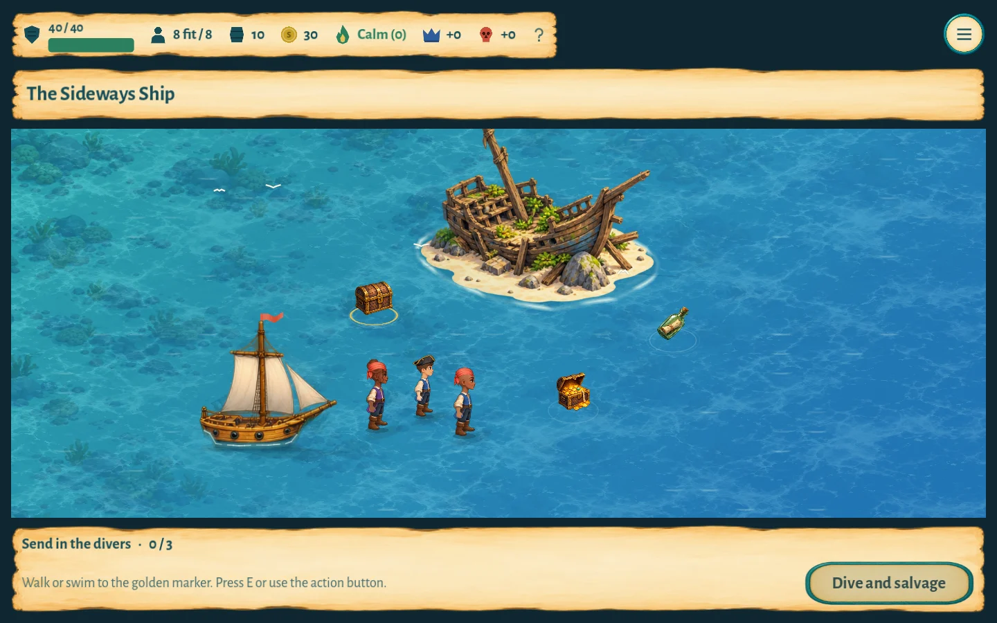 The captain and crew exploring the water around a shipwreck