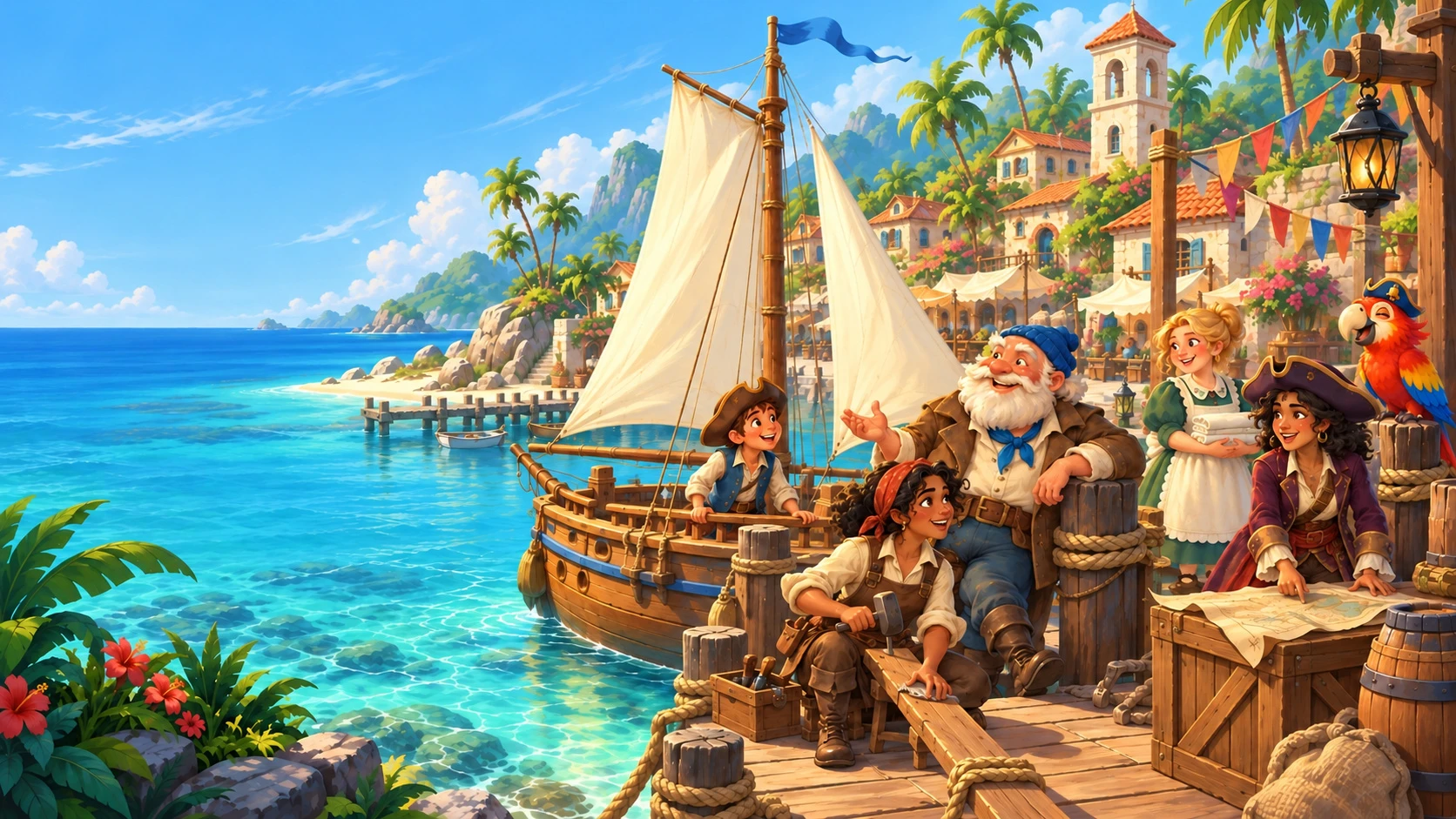 Biscuit the parrot and Bellhaven’s residents gather beside a sunny pirate harbour